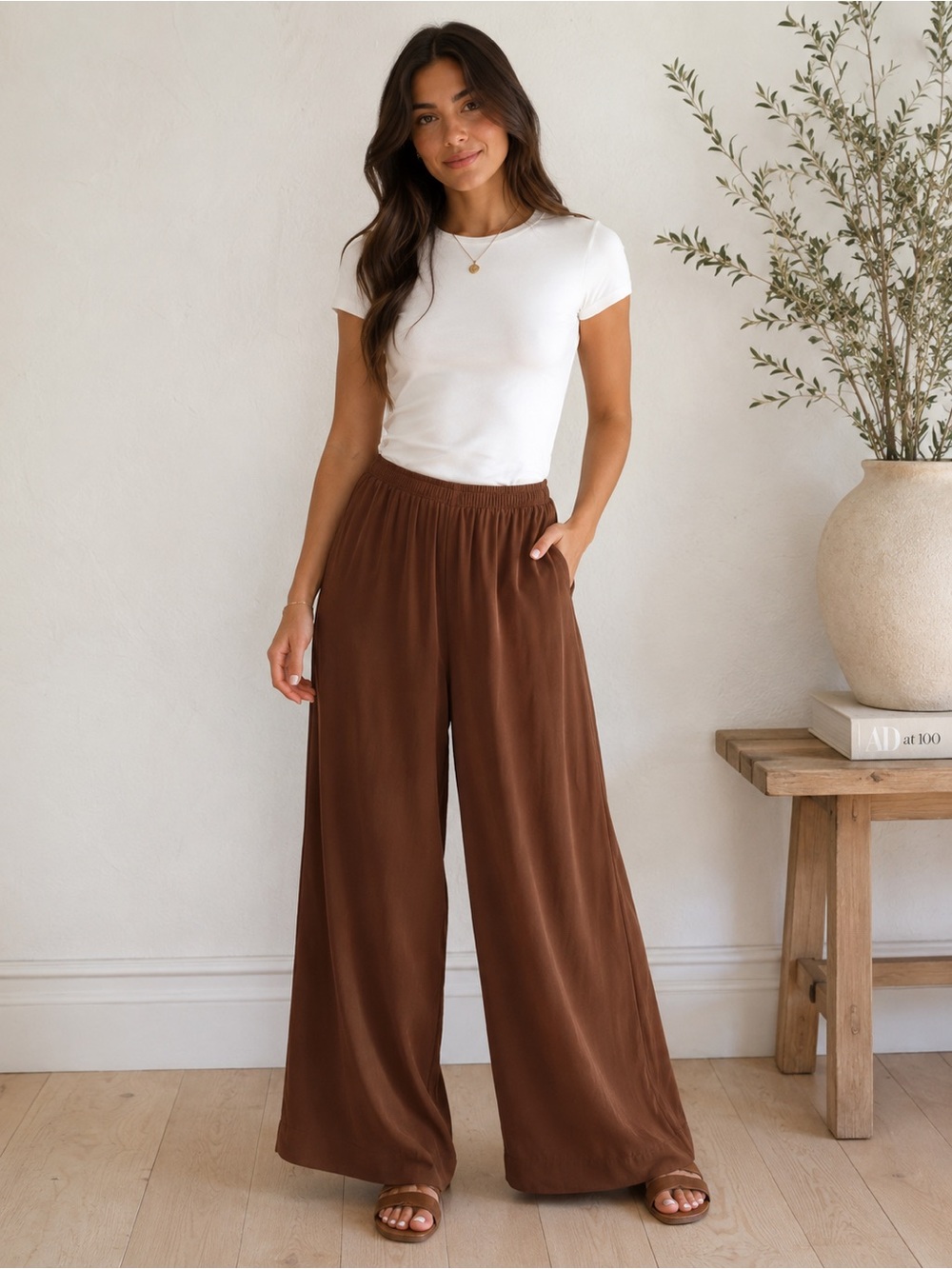 Vince Silk Brown Wide-Leg Elastic-Waist Pants